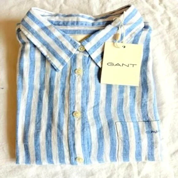 Gant Women's Linen Striped Relaxed Fit Long Sleeves Perfect Blue Shirt size US 6 - Picture 6 of 6